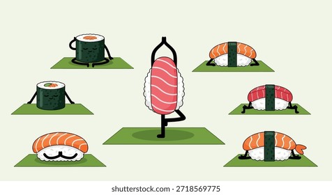 Uma ilustração criativa mostrando personagens de sushi praticando ioga e meditação em esteiras de ioga. Esta imagem transmite um estilo de vida saudável e conceito de diversão alimentar, misturando cozinha japonesa com