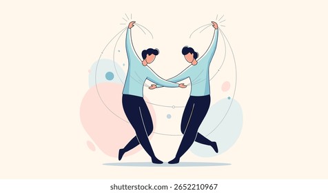 Creative illustration showcasing two people dancing together in harmony with artistic flowing lines and soft pastel shapes representing unity and partnership in a graceful movement