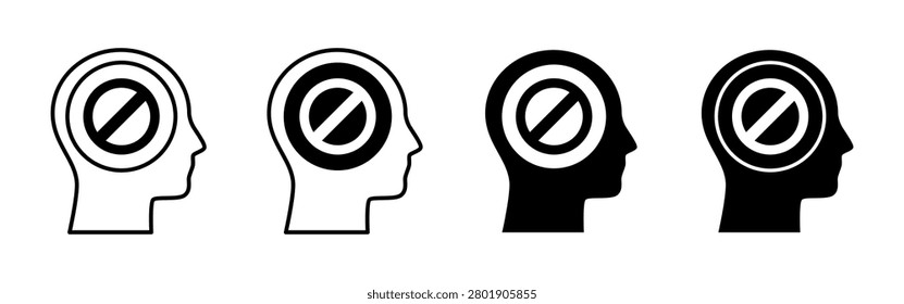 A creative illustration showing four human head silhouettes with a no symbol inside each head, representing various concepts.