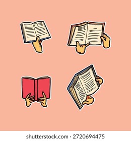 Ilustração criativa mostrando mãos segurando livros abertos em diferentes posições de leitura. Esta arte representa conceitos de leitura, educação, aprendizagem e alfabetização. Ideal para conteúdo educacional