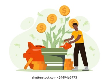 Creative illustration showing a man watering a money plant next to a piggy bank, representing financial growth and savings on a light background. Flat cartoon vector illustration