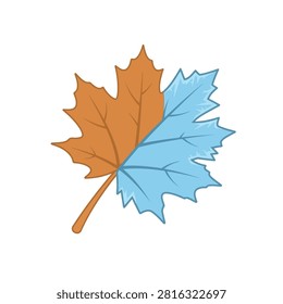 A creative illustration showing a maple leaf transitioning from autumn colors to winter ice.