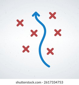 Creative illustration showing a strategic path as a blue arrow maneuvering through red challenges, symbolizing overcoming obstacles and achieving goals