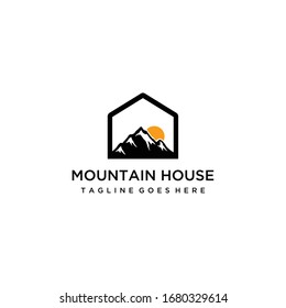 Creative Illustration Simple vintage Mountain wit house sign Logo Design Vector