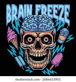 Kreative Illustration eines Schädels und Gehirns, umgeben von eisigen Elementen, die "Brain Freeze" symbolisieren. Eine lustige und edgy Streetwear-Vektorkunst mit dunklem Humor - perfekt für T-Shirts, Poster und Grabungen
