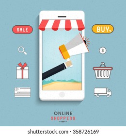 Creative illustration of smartphone with other infographic elements for Online Shopping concept.