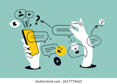 Creative illustration of smartphone services and communication. Vector concept for web banner, social media banner, business presentation, marketing material. 