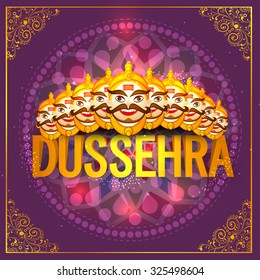 Creative illustration of smiling Ravana face on beautiful floral design decorated background for Indian festival, Happy Dussehra celebration.