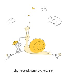 Creative illustration. The snail is faced with a choice of where to relax: in the mountains or on the ocean. Concept of travel, tourism, vacation.