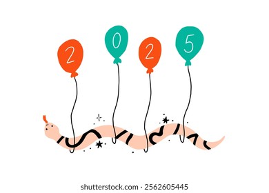 Creative illustration of a snake and balloons representing 2025 Snake symbol of the year. Vector hand drawn bold illustration