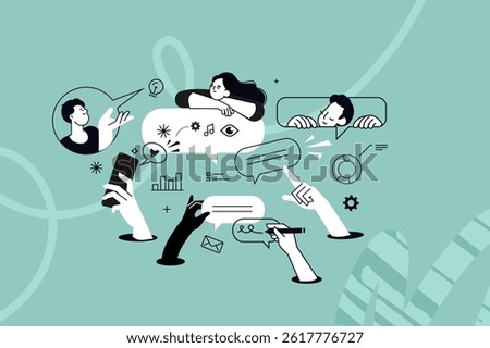 Creative illustration of social media, communication, teamwork. Vector concept for web banner, social media banner, business presentation, marketing material. 