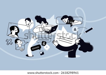 Creative illustration of social network, communication app, conversation. Vector concept for web banner, social media banner, business presentation, marketing material. 