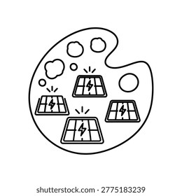 Creative illustration of solar panels aligned on artistic paint palette with electric bolts symbolizing renewable energy and innovation
