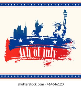 Creative illustration of Statue of Liberty, American National Bird Eagle and City View in Flag colors, Elegant greeting card for 4th of July, Independence Day celebration.