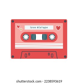 Creative illustration of stereo cassette with stickers of hearts and text "love mixtape". Retro objects, magnetic tapes, nostalgic concept in flat modern style for Valentine's Day card, banner.