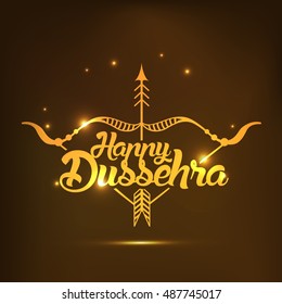 Creative illustration with stylish typography happy dussehra on shiny golden background.