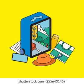 Creative Illustration of a Suitcase with Scenic Views and Travel Gear for  Travel Essentials perfect for  travel blogs, marketing materials