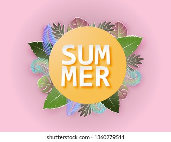 Creative illustration summer background concept with colorful tropical leaves. Summer season design for brochure, web banner, flyer, invitation, poster, sale advertising. Digital paper cut style.