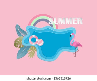 Creative illustration summer background concept with pond, flamingo bird, leaves. Summer season design for brochure, web banner, flyer, invitation, poster, sale advertising. Digital paper cut style.