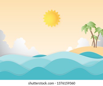 Creative illustration summer background concept paper cut style with landscape of sea wave and beach with palm tree. Summer season design for brochure, web banner, flyer, poster, sale advertising.