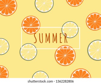 Creative illustration summer background with tropical fruits orange and lime. Design for template, poster, advertising board, flyer, brochure, voucher discount, invitation design.