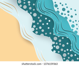 Creative illustration summer concept. Abstract paper art background with top view sea wave and beach paper cut style. Summer season design for brochure, web banner, flyer, poster, sale advertising.