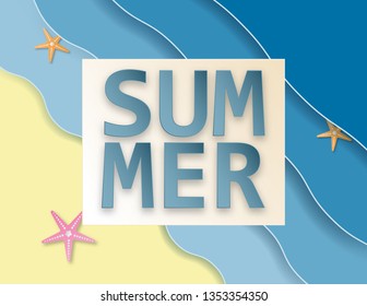 Creative illustration summer sale background with sea and beach paper cut style. Paper art digital craft. template, poster, advertising board, flyer, brochure, voucher discount, invitation design.