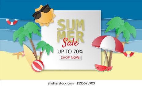 Creative illustration summer sale banner with sun glasses, palm tree, star fish, umbrella, beach ball, surf board, on beach and sea background paper cut style. Poster, advertising, flyer template.