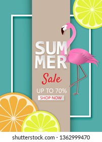 Creative illustration summer sale banner with lemon, orange and flamingo bird in paper cut style. Poster, banner, advertising, wallpaper, postcard, flyer template.