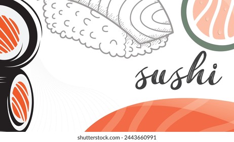 Creative illustration of sushi salmon pieces roll isolated on background. Sushi background design vector.