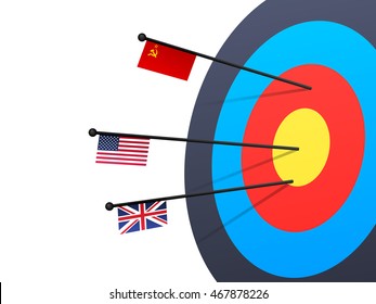 Creative illustration of a Target with Arrows showing Soviet Union, United States of America and Great Britain Flags for Sports concept.