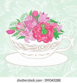 Creative Illustration with Teacup Full of Flowers  Vector greeting card with ornamental florals and leaves on soft green background