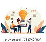 Creative illustration of a team brainstorming session. Three people collaborate around a table, discussing ideas with a giant light bulb symbolizing innovation and teamwork.