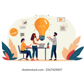 Creative illustration of a team brainstorming session. Three people collaborate around a table, discussing ideas with a giant light bulb symbolizing innovation and teamwork.