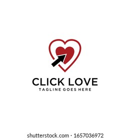 Creative illustration Technology on heart with click arrow sign vector logo.