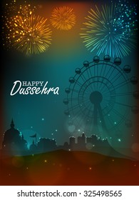 Creative illustration of a temple with big ferris wheel on firecrackers decorated night background for Indian festival, Happy Dussehra celebration.