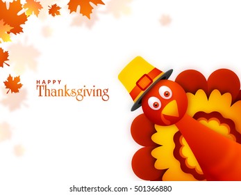 Creative illustration of a Turkey Bird on maple leaves decorated background for Happy Thanksgiving Day celebration.