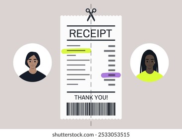 Creative illustration of two diverse characters splitting a receipt as they share costs, reflecting modern financial habits and communal living in a lively urban setting