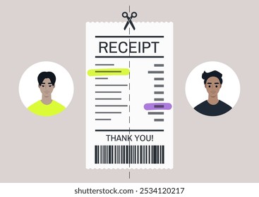 Creative illustration of two diverse characters splitting a receipt as they share costs, reflecting modern financial habits and communal living in a lively urban setting