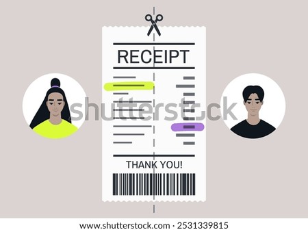 Creative illustration of two diverse characters splitting a receipt as they share costs, reflecting modern financial habits and communal living in a lively urban setting