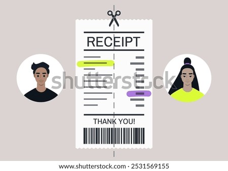 Creative illustration of two diverse characters splitting a receipt as they share costs, reflecting modern financial habits and communal living in a lively urban setting