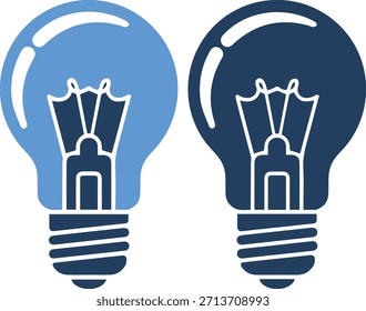 Uma ilustração criativa de duas lâmpadas lado a lado em um fundo branco puro, uma azul claro e uma azul escuro com contornos brancos