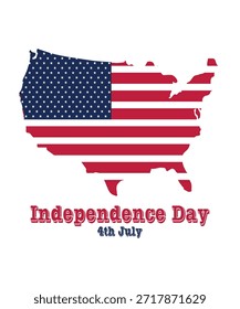 Ilustración creativa del mapa de Estados Unidos lleno de los colores de la bandera estadounidense, celebrando el Día de la Independencia de Estados Unidos el 4 de julio. Adecuado para carteles patrióticos, Anuncios, volantes, diseños de redes sociales y promociones navideñas.