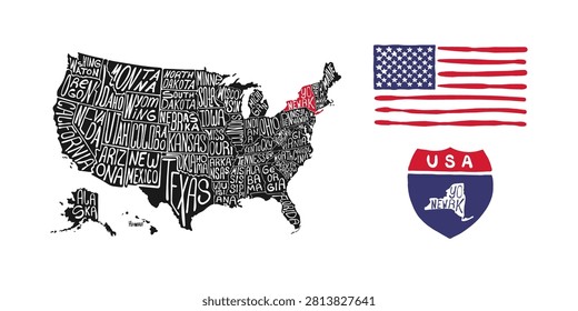 A creative illustration of the USA map featuring state names written in varied fonts and styles, alongside the American flag and a highway sign