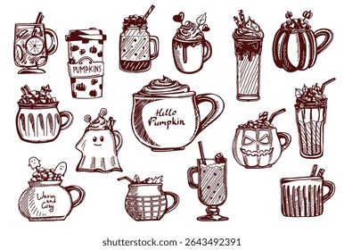 Creative illustration of various seasonal beverages featuring pumpkins, ghosts, and festive elements in a playful design. Vector