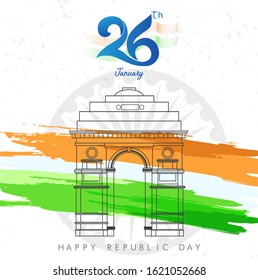 Creative Illustration or Vector 26th January with famous Indian monuments and Brush Color National Flag