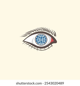 Creative illustration vector design shows a human eye with an eyeball in its iris, symbolizing global vision and connectivity. Ideal for awareness, communication and globalization concepts.