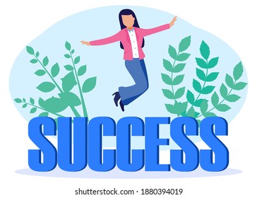 Creative illustration vector graphic of success, people start the day to achieve their goals towards success, female character icon jumping happily, business concept.