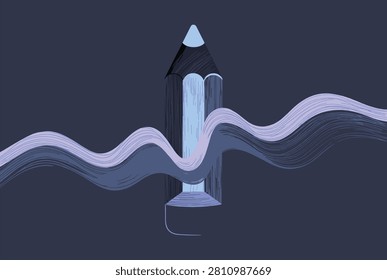 Creative illustration of a vertical blue pencil bisected by flowing wavy lines in monochromatic shades on a dark background.
