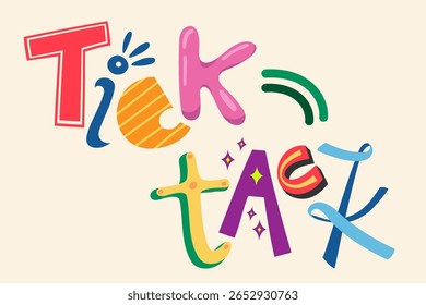 Creatieve illustratie van het woord 'Tick-Tack': een mix van vrolijke typografie, popkleuren en een opbeurende ontwerpstijl